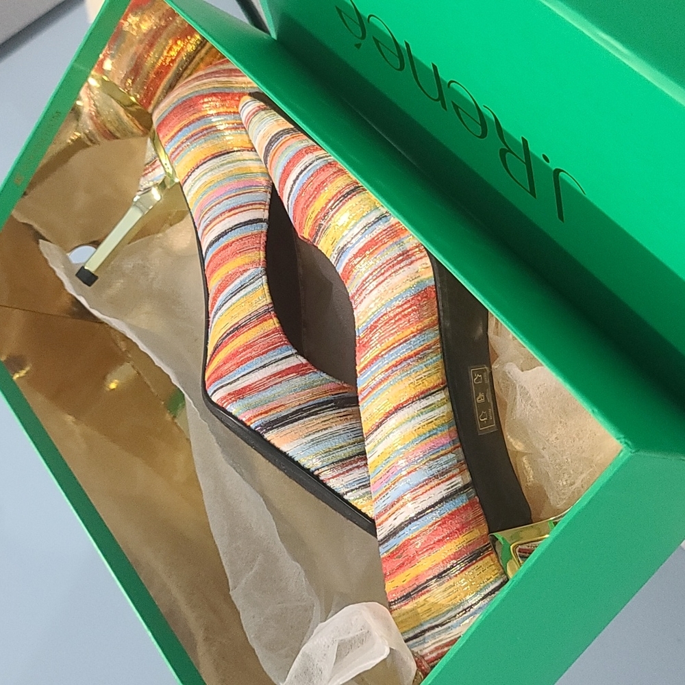 NIB ✅ J. Renee Bryanne Shoes ~ Multi-Color Stripes ~ Gold 3" Heels 9M ✨BNIB